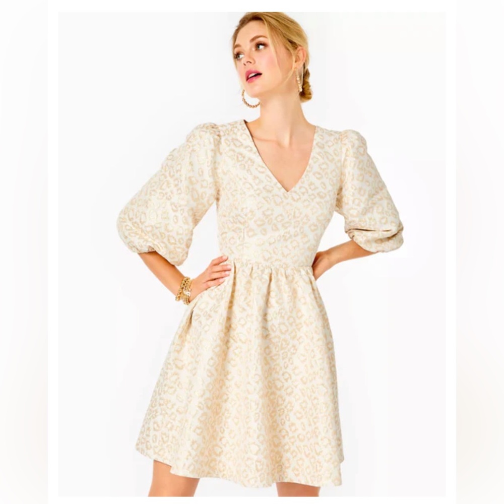 Lilly Pulitzer Calyssa 3/4 Sleeve Dress Gold Dazzle Leopard Jacquard Size 4 NWT